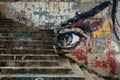 An urban stairway covered in colorful graffiti art, showcasing a vibrant and gritty aesthetic. Layers of paint and