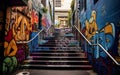 Urban Stairway with Street Art: An urban outdoor stairway decorated with vibrant graffiti.
