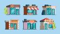 Urban stores. Retail shops in city exterior facade front view pharmacy caffe local restaurant garish vector flat
