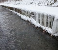 Urban stream in winter. Icicles on the riverbanks Royalty Free Stock Photo