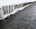 Urban stream in winter. Icicles on the riverbanks Royalty Free Stock Photo