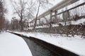 Urban stream in winter. The Lybid river Royalty Free Stock Photo