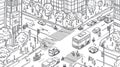 Busy City Street with Traffic and Pedestrians, Isometric View, Black and White Sketch Royalty Free Stock Photo