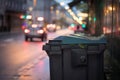 Garbage cans and street lights in urban city, evening Royalty Free Stock Photo