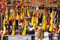 Urban street scene of the traditional celebration of Fallas festival with firecrackers in Valencia