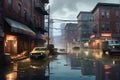 Urban Street Submerged: Chaos of Murky Floodwaters and Floating Debris Unveils a Surreal Reality