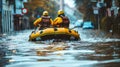 Urban Street Submerged by Flash Flood. Vehicles navigating a flooded urban street, with water rushing past parked cars