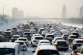 Urban streets congested with vehicles causing gridlock after snowfall