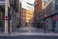 Urban streetscape in the Ancoats neighborhood of manchester at sunrise Royalty Free Stock Photo