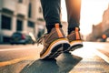 Urban Stride: Close-Up of Man\'s Sport Sneaker Walking on Street with Confidence. created with Generative AI