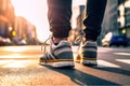 Urban Stride: Close-Up of Man\'s Sport Sneaker Walking on Street with Confidence. created with Generative AI