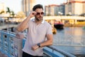 Urban style guy with casual clothes walk in Tampa city. Portrait of attractive man with casual clothes walk in American Royalty Free Stock Photo