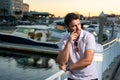 Urban style guy with casual clothes walk in Tampa city. Portrait of attractive man with casual clothes walk in American Royalty Free Stock Photo