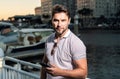 Urban style guy with casual clothes walk in Tampa city. Portrait of attractive man with casual clothes walk in American Royalty Free Stock Photo