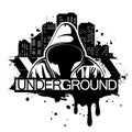 Urban style illustration of man in hoodie behind city silhouette. Street art style. T-shirt print design.