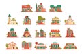 Urban and suburban buildings facade set, brick private houses and municipal public buildings vector Illustrations on a