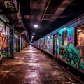 Urban subway train covered in colorful graffiti art. AI-generated.