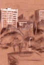 Urban summer landscape, graphic black and white drawing, urban sketch