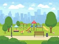 Urban summer public garden with kids playground. Cartoon vector city park with cityscape Royalty Free Stock Photo