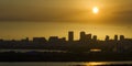 Urban sunset landscape of downtown district of Tampa city in Florida, USA. Dramatic skyline with high skyscraper Royalty Free Stock Photo