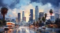 Urban Symphony: Vibrant Downtown Los Angeles Skyline Painting Royalty Free Stock Photo