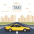 Urban taxi. Yellow cab on cityscape with clouds vector illustration Royalty Free Stock Photo