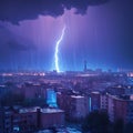 Urban tempest Cityscape illuminated by blue light during a lightning storm