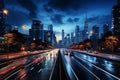 Urban thoroughfare bustling with traffic under the night sky