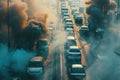 Urban traffic congestion with exhaust fumes pollution. Environmental and transportation concept