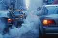 Urban traffic congestion with exhaust fumes pollution. Environmental and transportation concept