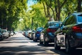 urban traffic jam on a summer day from cars idling and polluting the air with exhaust emissions,the concept of automotive Royalty Free Stock Photo