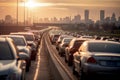 urban traffic jam at sunset from cars idling in smog and polluting the air with exhaust emissions,the concept of automotive Royalty Free Stock Photo