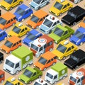 Urban traffic pattern. Jammed city transport cars buses van vector seamless background for textile design projects