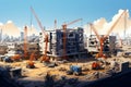 Urban transformation Vector construction site with cranes and building progress Royalty Free Stock Photo