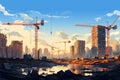 Urban transformation Vector construction site with cranes and building progress Royalty Free Stock Photo