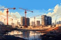 Urban transformation Vector construction site with cranes and building progress Royalty Free Stock Photo