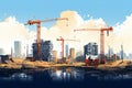 Urban transformation Vector construction site with cranes and building progress Royalty Free Stock Photo