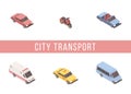 Urban transport isometric vector banner template. Passenger cars, scooter, taxi cab and ambulance 3D illustrations with