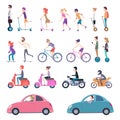 Urban transport. People riding city vehicle bicycle driving electrical scooter skate segway vector cartoon illustrations