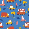 Urban transport seamless pattern. Autumn trees, Various cars, taxi. Hand draw Kids background of city transport on a dark blue