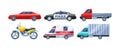 Urban transport set. Public transportable vehicle cars transport: ambulance, gazelle, motorcycle, lorry, police car