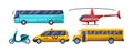Urban transport set. Public transportable vehicle cars transport: bus, scooter, taxi, school bus, helicopter vector