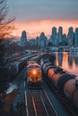 Urban Twilight Freight Train Passing Through Industrial Harbour with Cityscape Sunset, Dramatic Sky Royalty Free Stock Photo