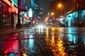 Urban Twilight: Neon Glows on Rain-Slicked Pavement.