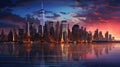 Urban Twilight Serenity: A Hyper-Realistic Cityscape at Dusk, Bathed in the Warm Glow of Streetlights and Towering Skyscrapers - A