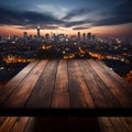 Urban twilight Wooden table beneath blurred night sky with distant cityscape