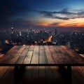 Urban twilight Wooden table beneath blurred night sky with distant cityscape