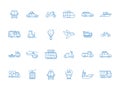 Urban vehicle icons. City transport planes boat cars boats truck vector thin line pictures set