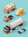 Urban vehicle isometric. Transportation city cars gas service fuel truck, trailer van bus vector 3d traffic pictures