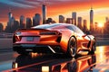 Urban Velocity: Sports Car in Dynamic Motion, Glossy Paint Reflecting a Sunset City Skyline in the Background, Sleek Elegance